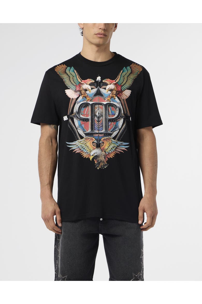 Round Neck T-Shirt Eagle Tattoo Men, Main, color, black