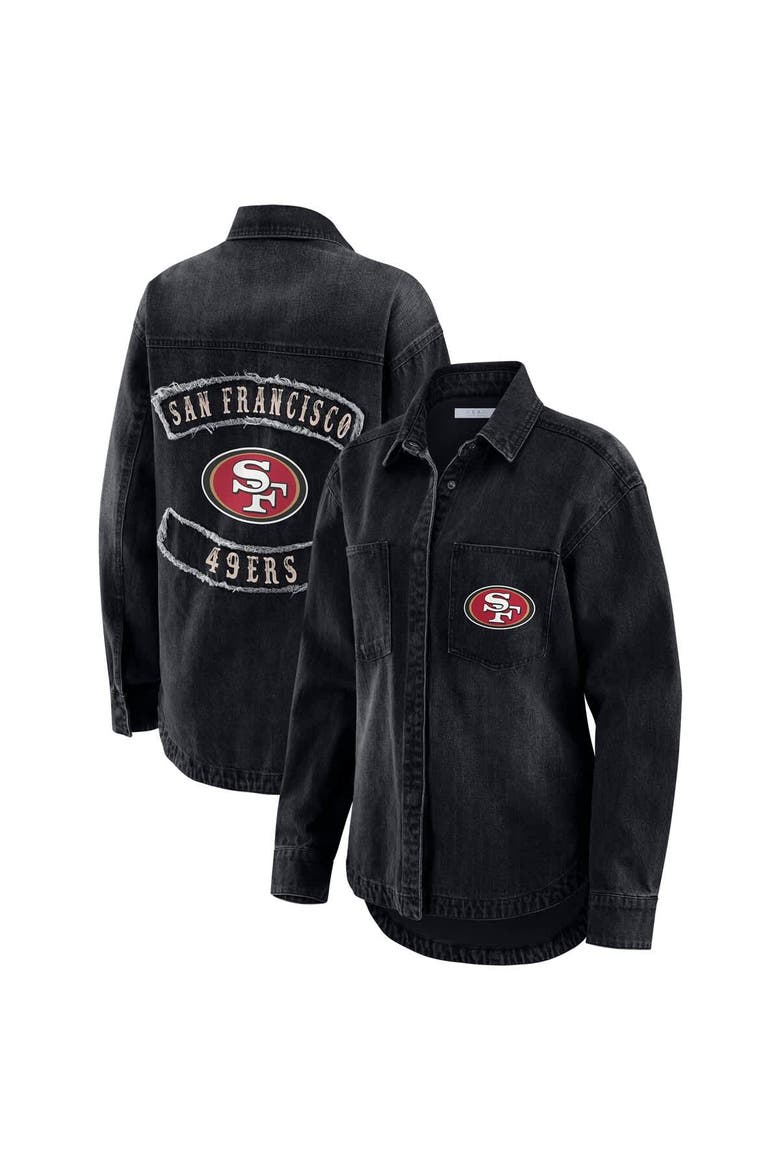 Women's WEAR by Erin Andrews Black San Francisco 49ers Washed Oversized Denim Full-Snap Shacket, Main, color, Black