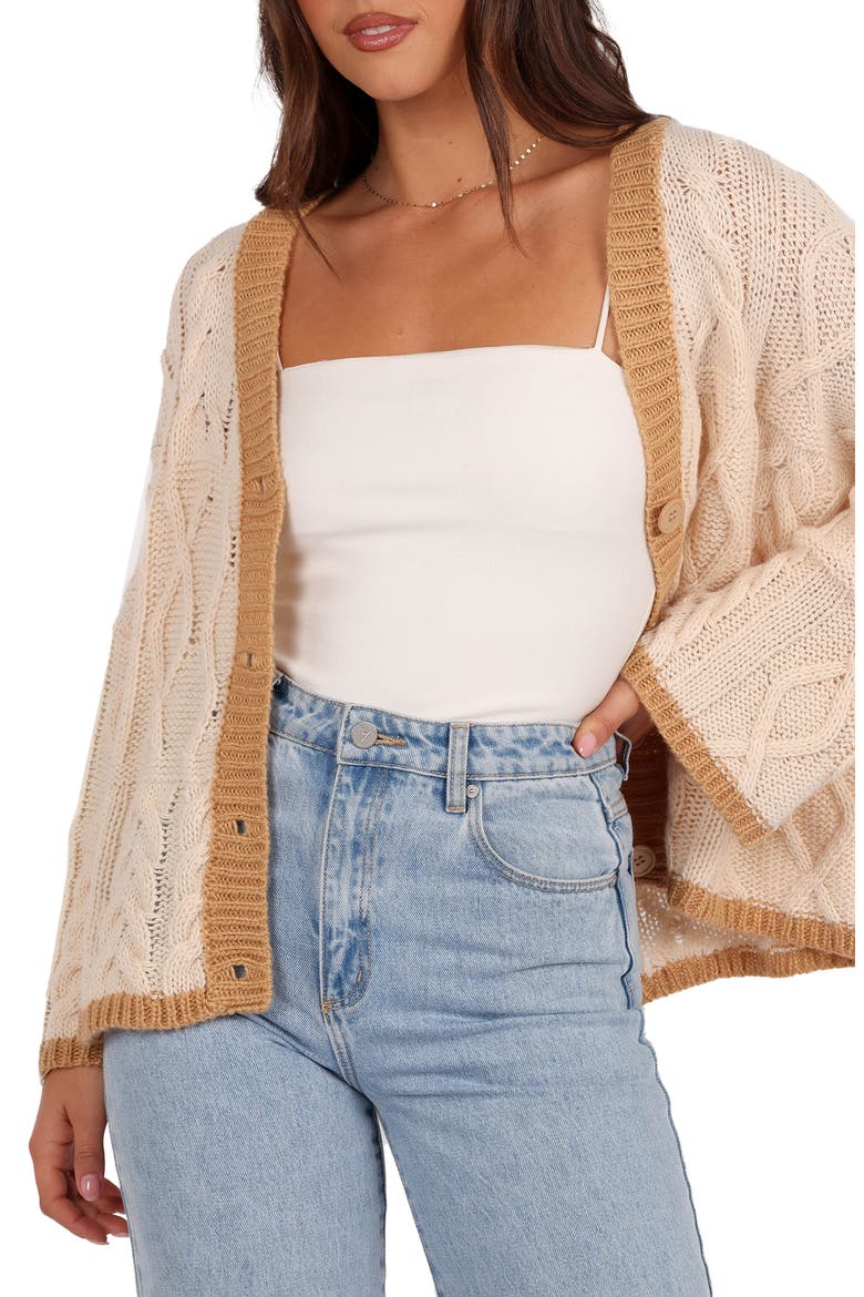 Zina Cable Contrast Trapeze Cardigan, Main, color, TAN