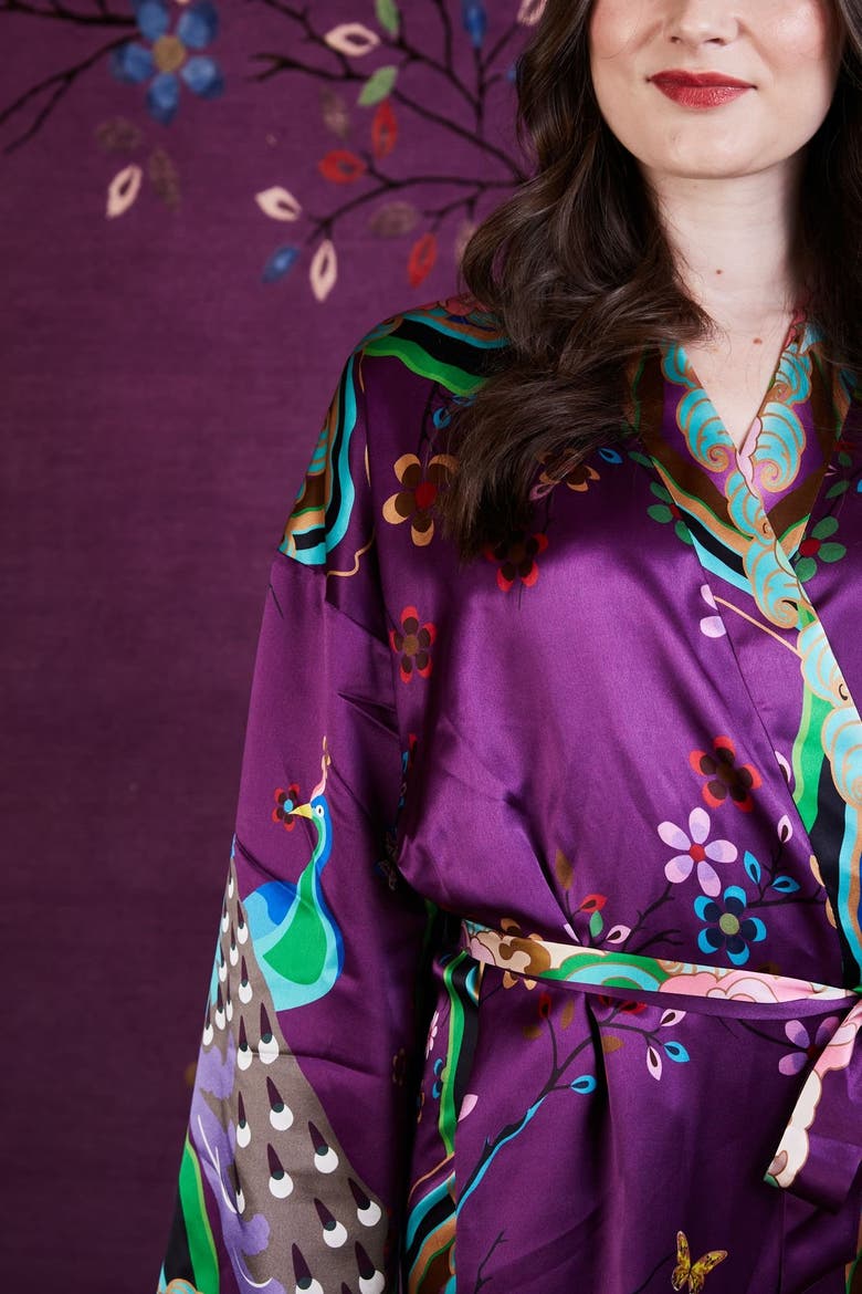 Wendy Morrison x Skylence Kujaku Peacock Silk Robe, Alternate, color, Purple