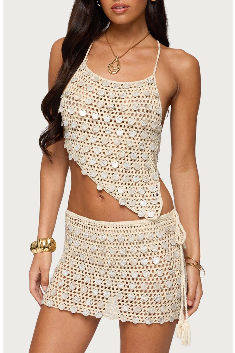 Alora Paillette Sequin Asymmetric Crop Top, Main, color, BEIGE