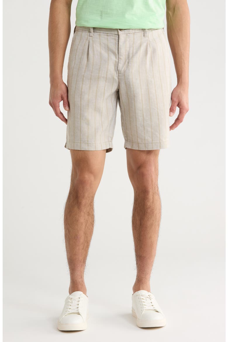 Isla Sands Pleated Stripe Linen Blend Shorts, Main, color, STONE KHAKI