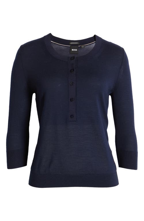 Hugo Boss Henley-neck Sweater In Merino Wool In Clean Navy