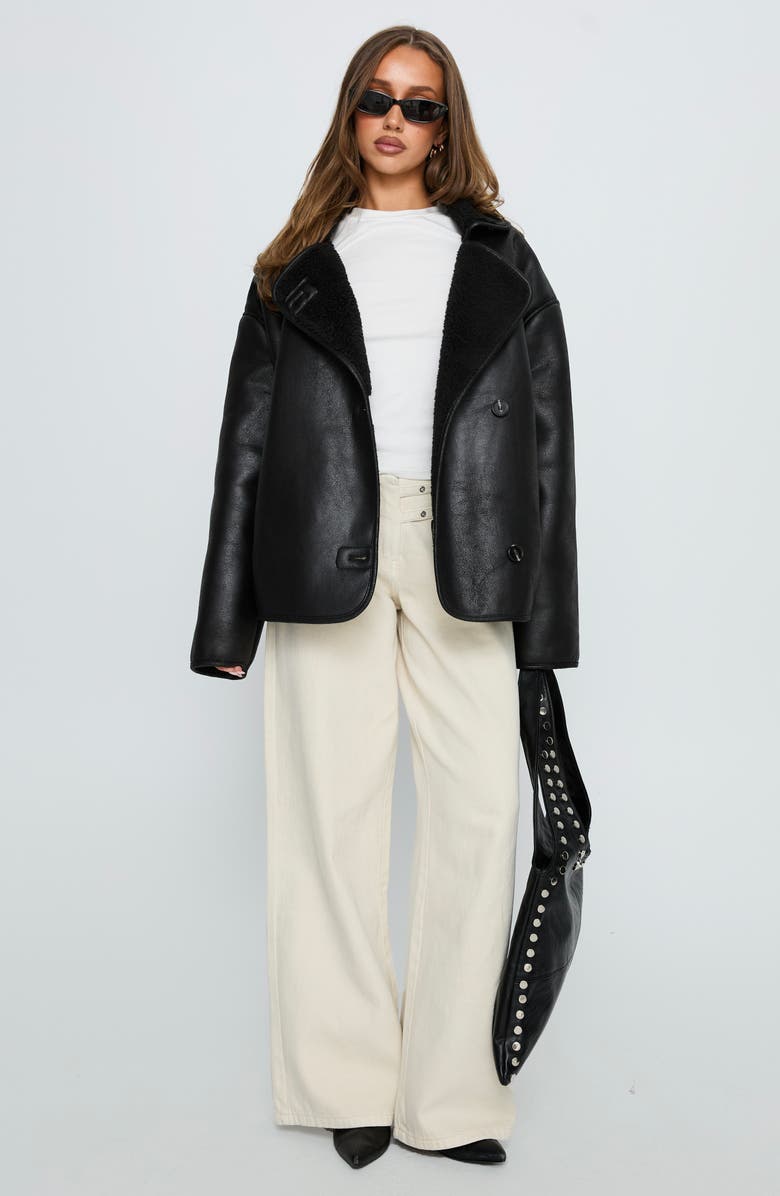 Princess Polly Nunez Faux Shearling Lined Faux Leather Jacket, Alternate, color, Black