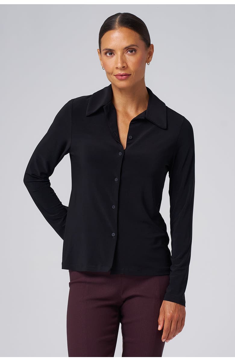 Franne Golde Luxe Stretch Jersey Button-Up, Main, color, Black