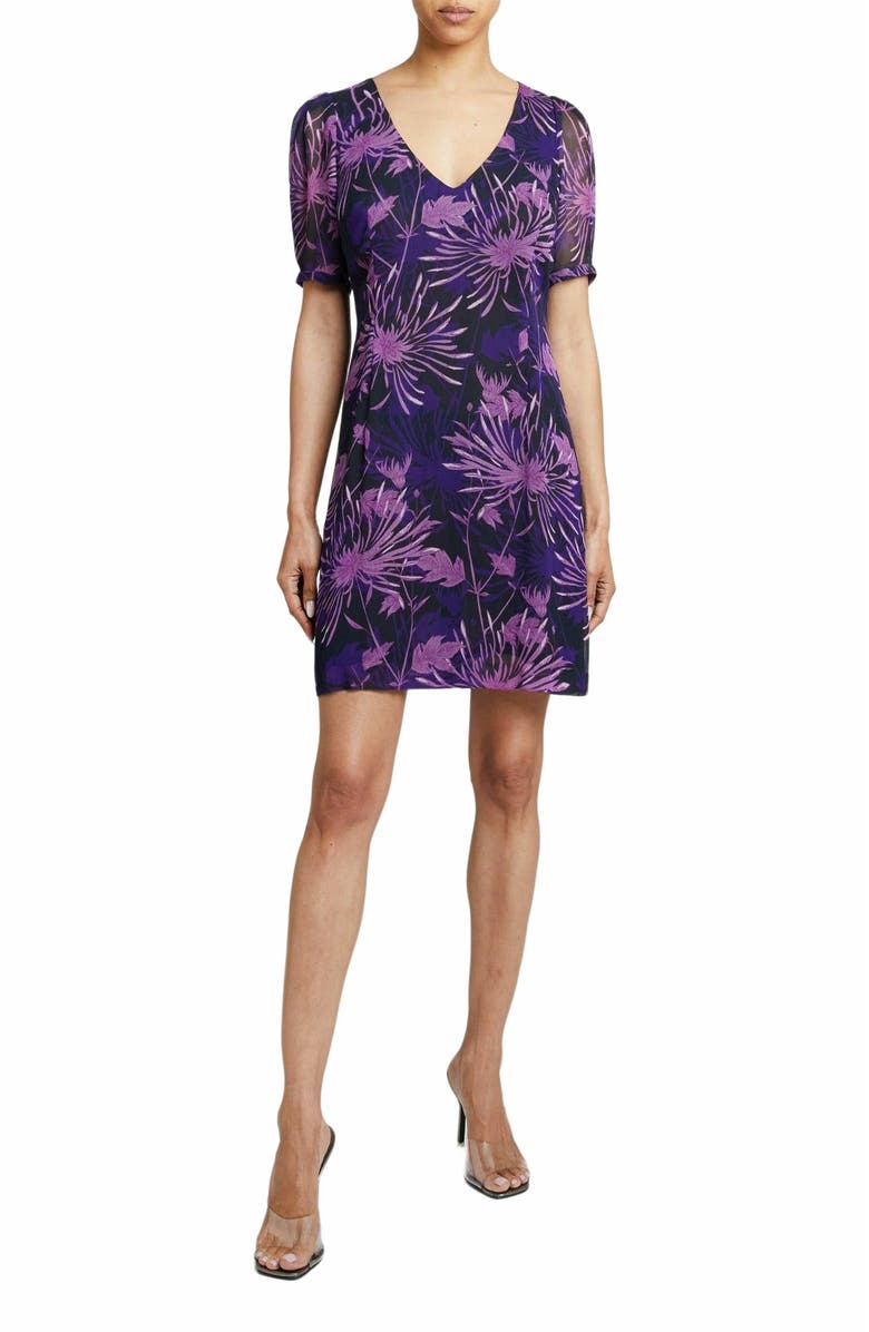 Santorelli BIANCA Shift Dress in Floral Abstract Crinkled Georgette, Main, color, Cool Purple