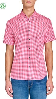CONSTRUCT Slim Fit Mini Check Recycled 4-Way Stretch Performance Short Sleeve Shirt