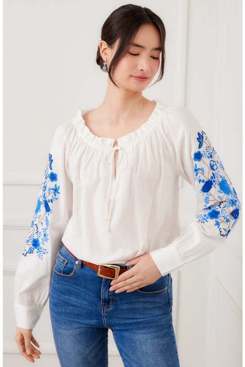 Floral Embroidered Cotton Peasant Top, Alternate, color, WHITE