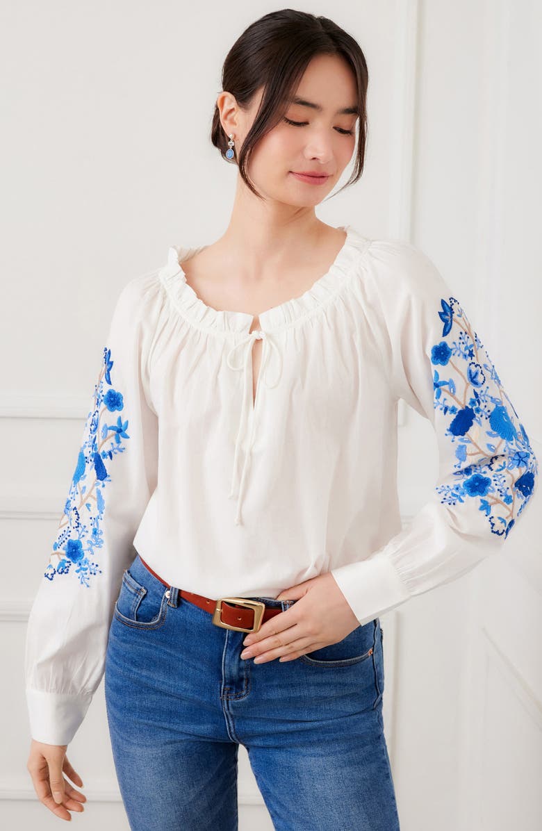Karen Kane Floral Embroidered Cotton Peasant Top, Alternate, color, White