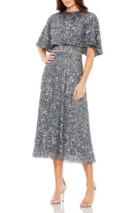 Embellished Cape High Neck Midi Dress
