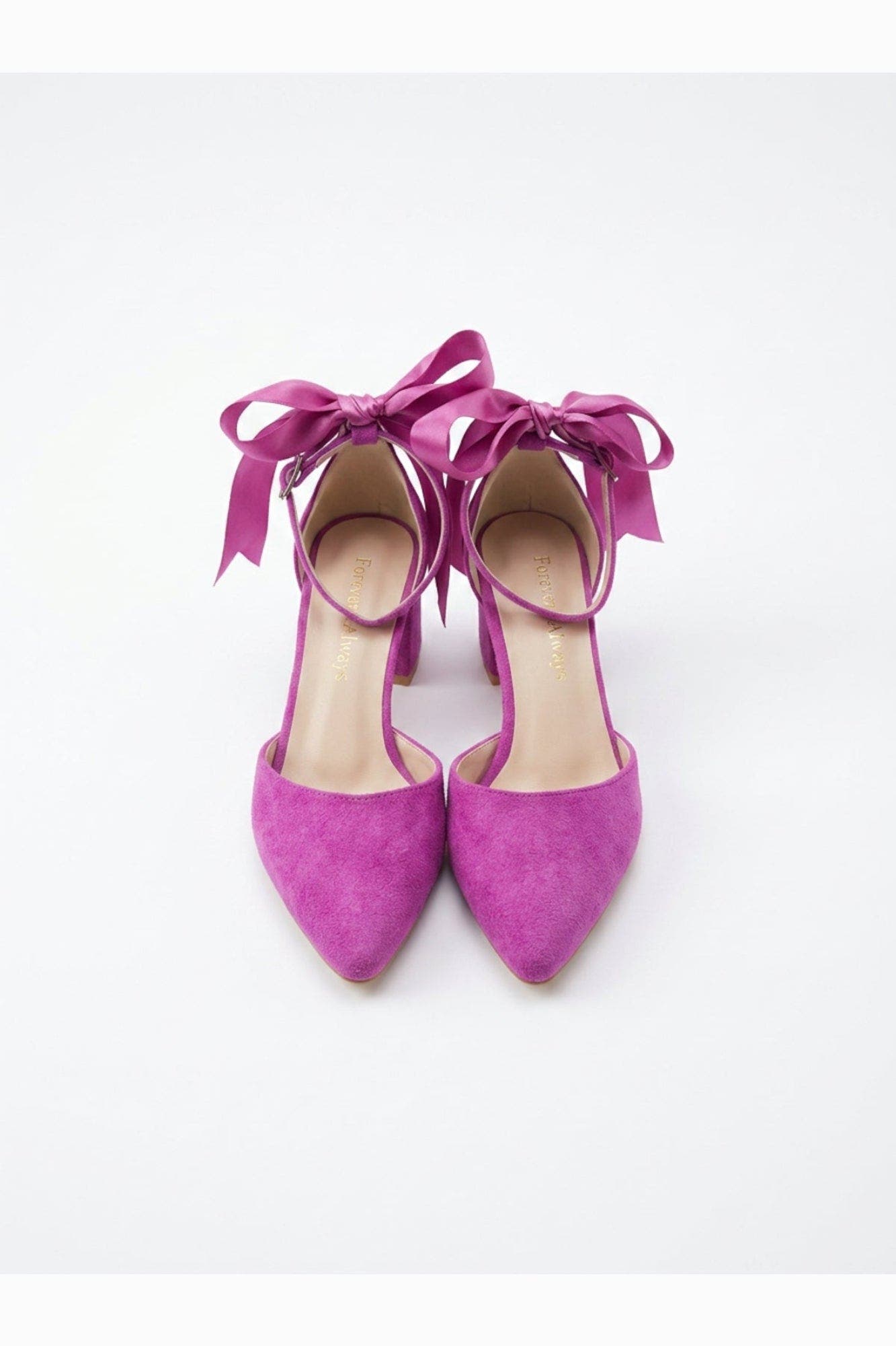 Arielle Bow Ankle Strap Block Heel Pump, Alternate, color, Fuchsia Suede