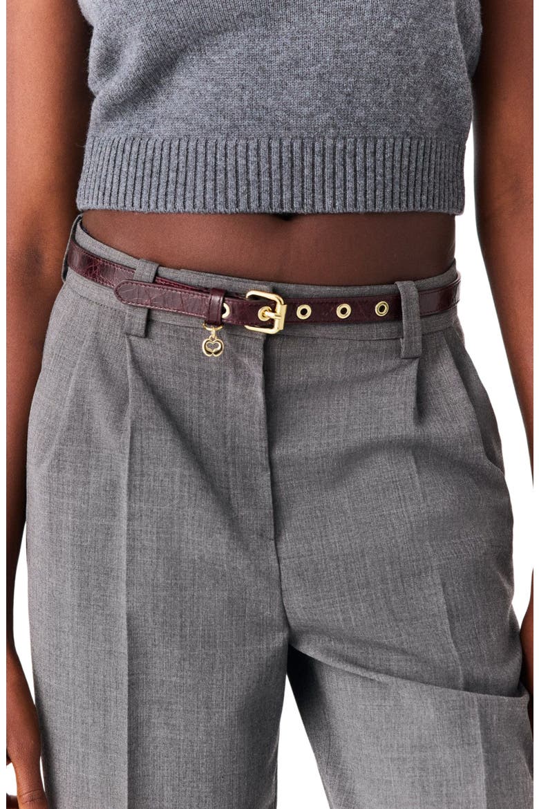 Slim leather belt with eyelets, Alternate, color, Burgundy