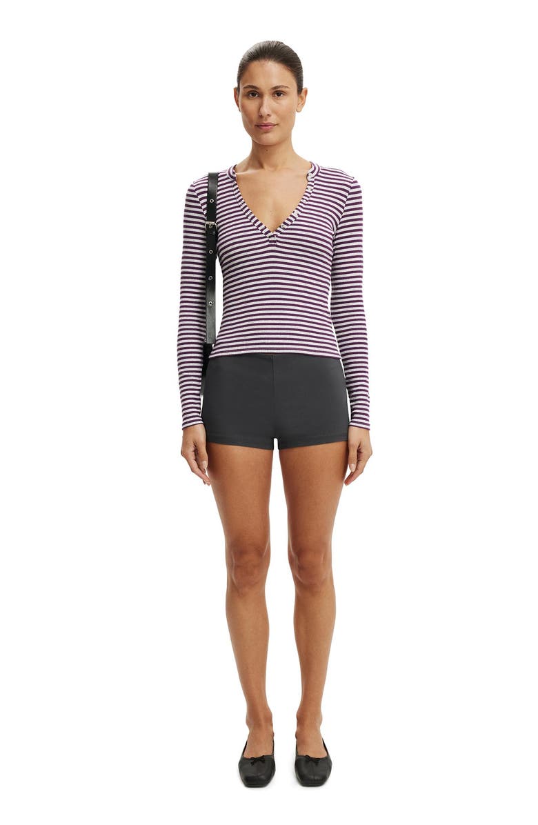 Cotton On Women's Ryan Henley Long Sleeve, Alternate, color, Madi Stripe Grey Marle Plum