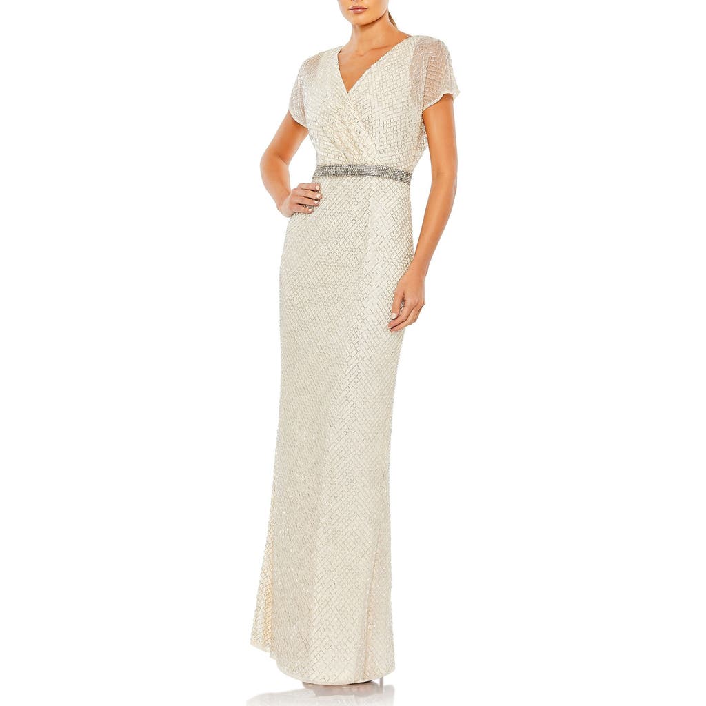 Mac Duggal Beaded Butterfly Sleeve Column Gown In Nude Silver