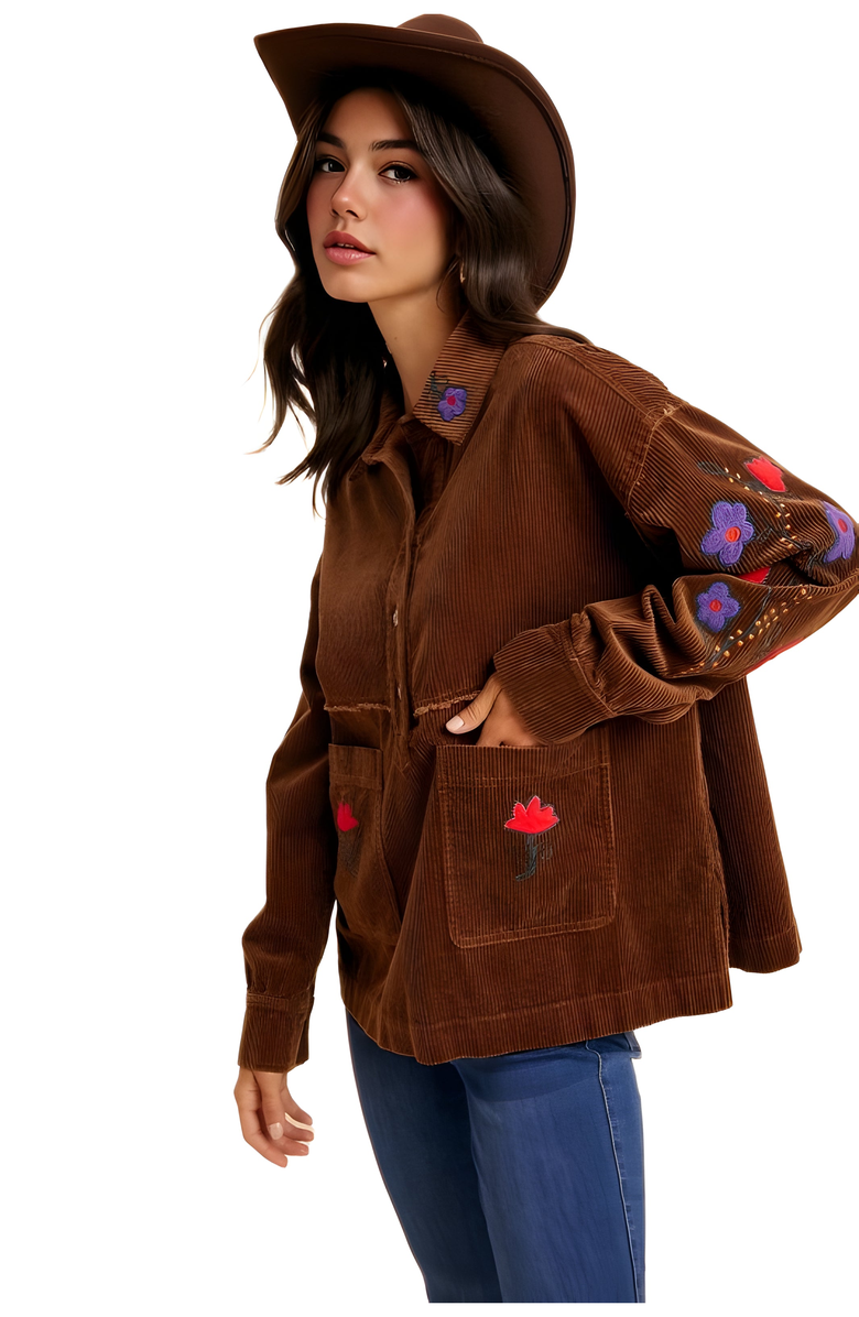 Knit and Lounge Embroidered Floral Corduroy Button-Up Jacket, Alternate, color, Brown Floral Embroidery