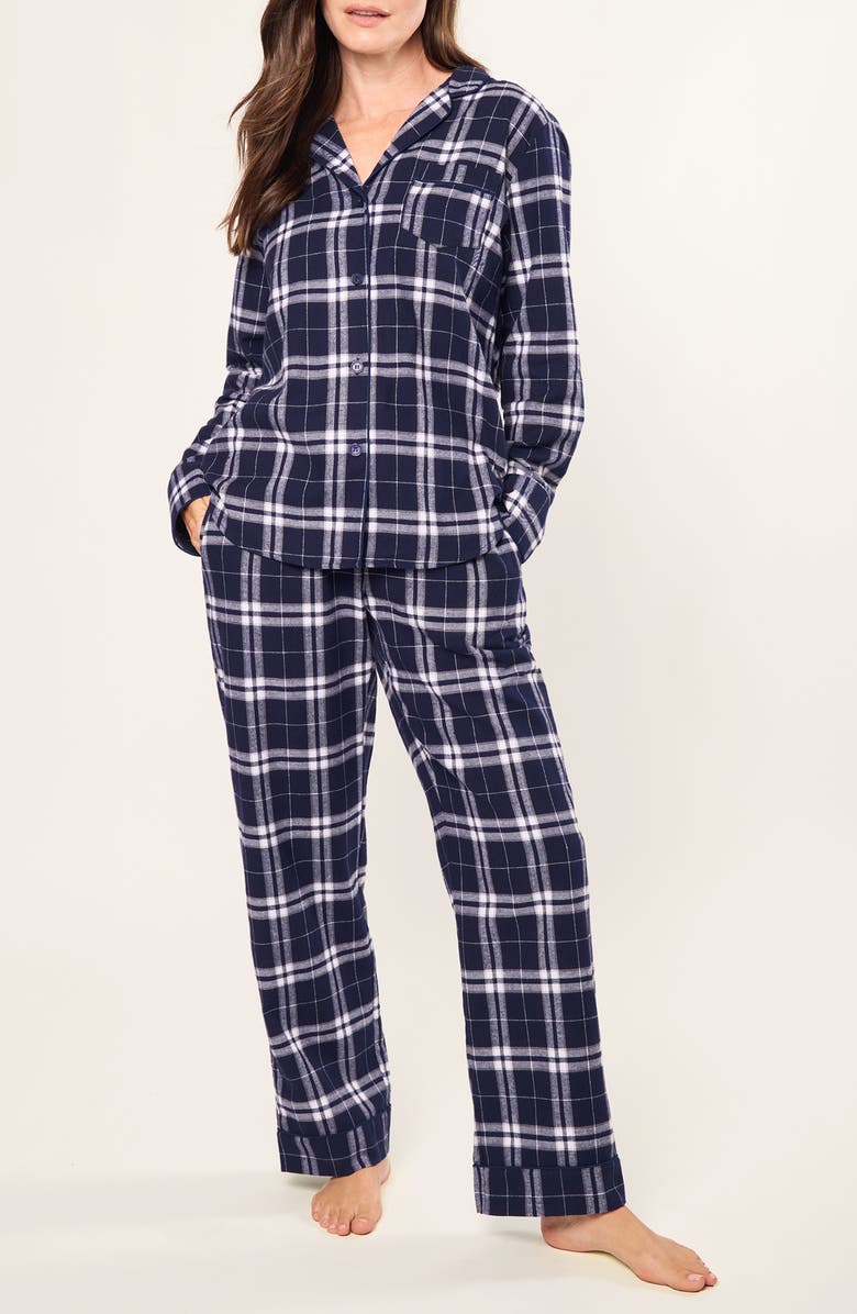 Petite Plume Tartan Plaid Cotton Pajamas, Main, color, Navy
