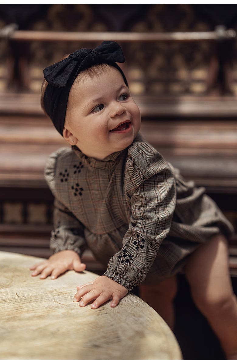 Space Grey Long Sleeve Woven Plaid Bubble Romper, Alternate, color, Grey