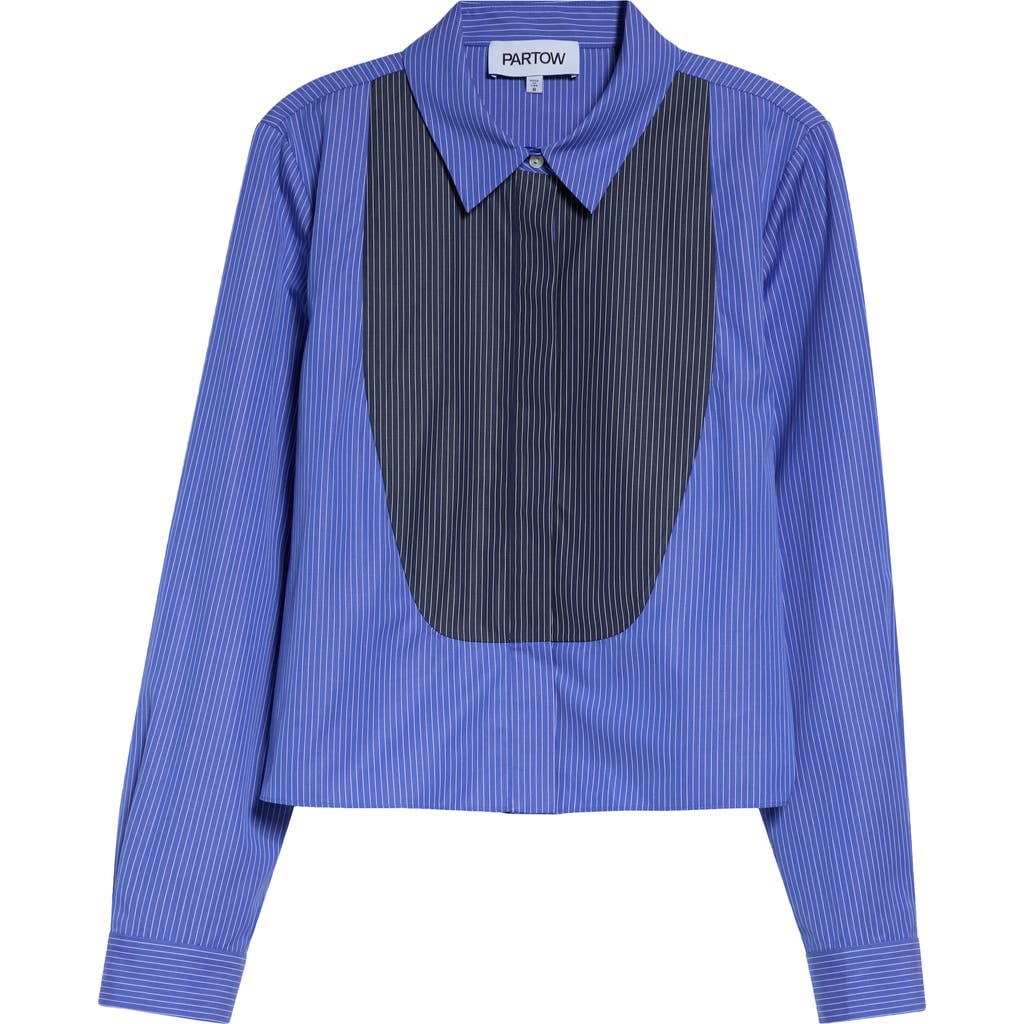 Partow Warren Crop Stripe Bib Cotton Poplin Button-up Shirt In Blue