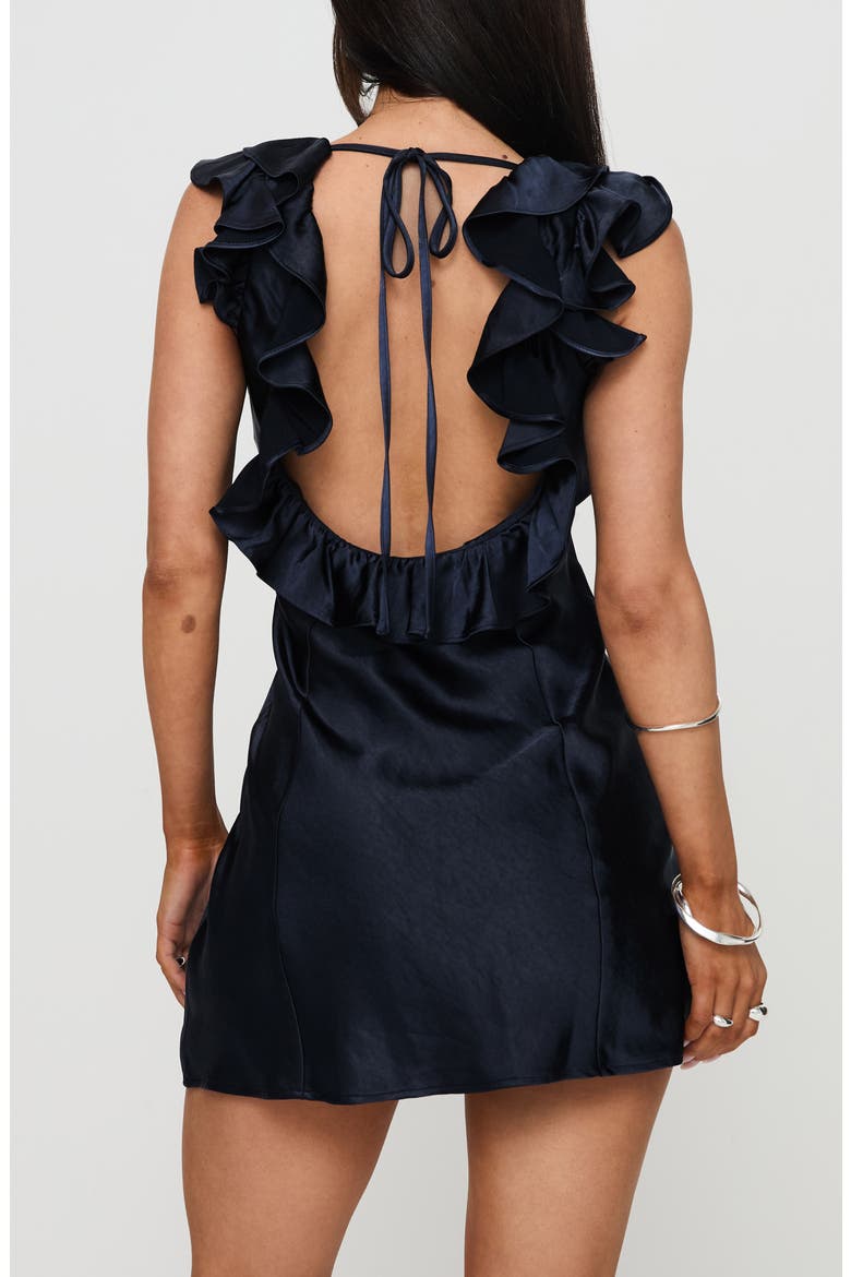 Butacup Ruffle Plunge Neck Satin Minidress, Alternate, color, NAVY
