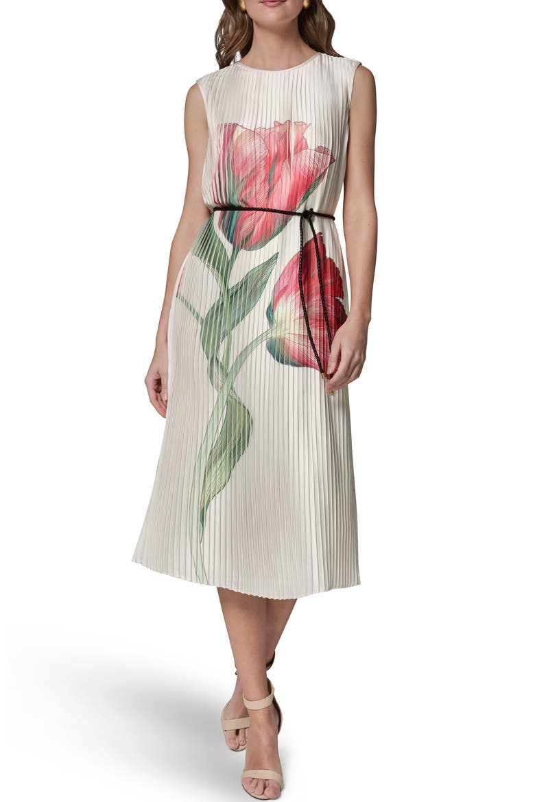Floral Pleat Satin Midi Dress, Main, color, GERANIUM MULTI
