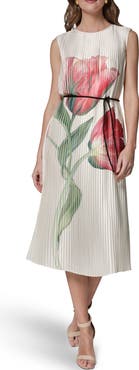 Donna Karan New York Floral Pleat Satin Midi Dress