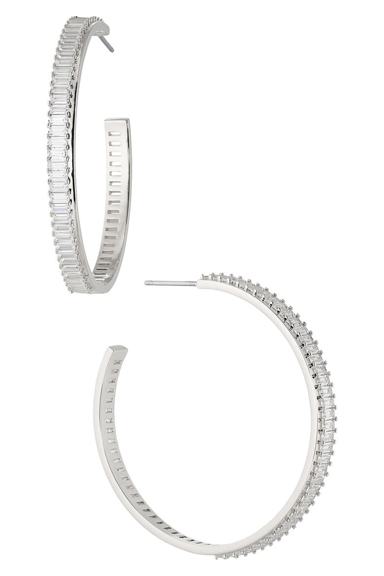 Large Disco Baguette Cubic Zirconia Hoop Earrings, Main, color, RHODIUM