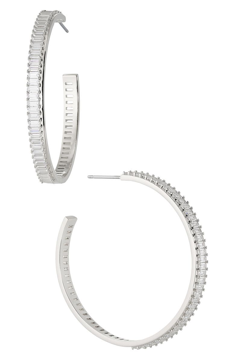 Nadri Large Disco Baguette Cubic Zirconia Hoop Earrings, Main, color, Rhodium