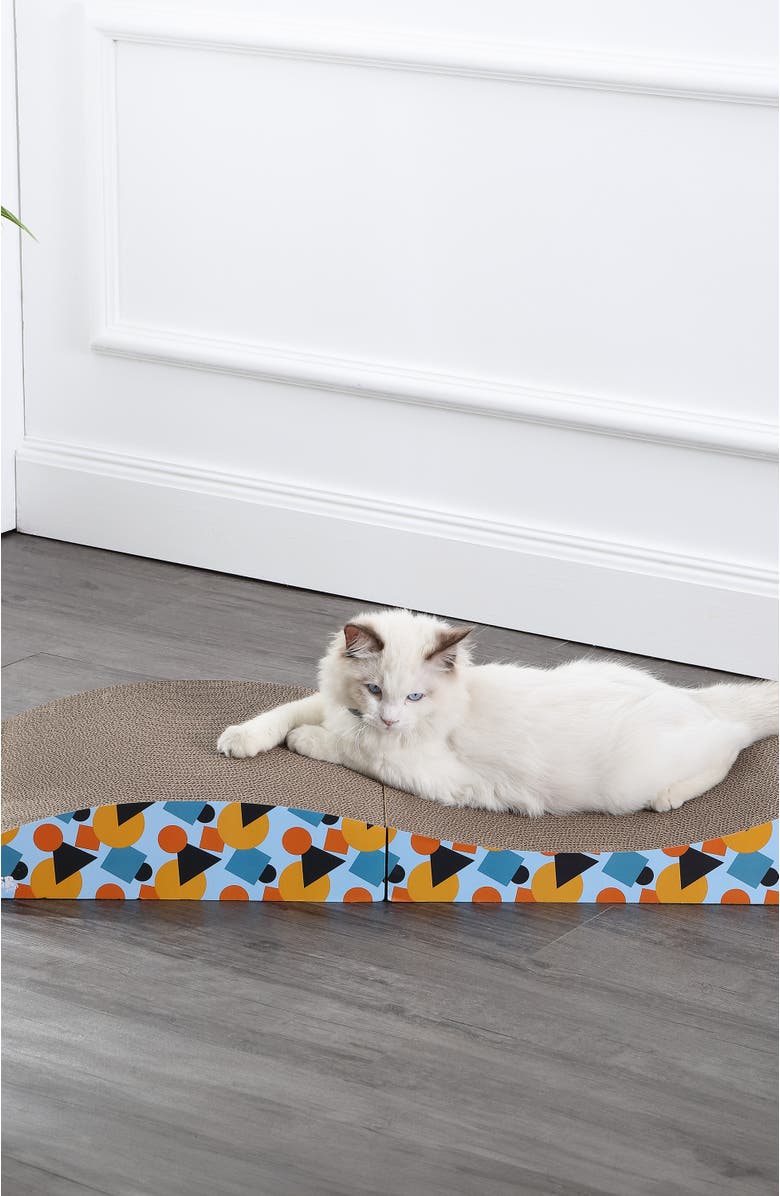 The Licker Store Eero Modern Cardboard Foldable Lounge Cat Scratcher with Catnip, Alternate, color, Blue/Orange