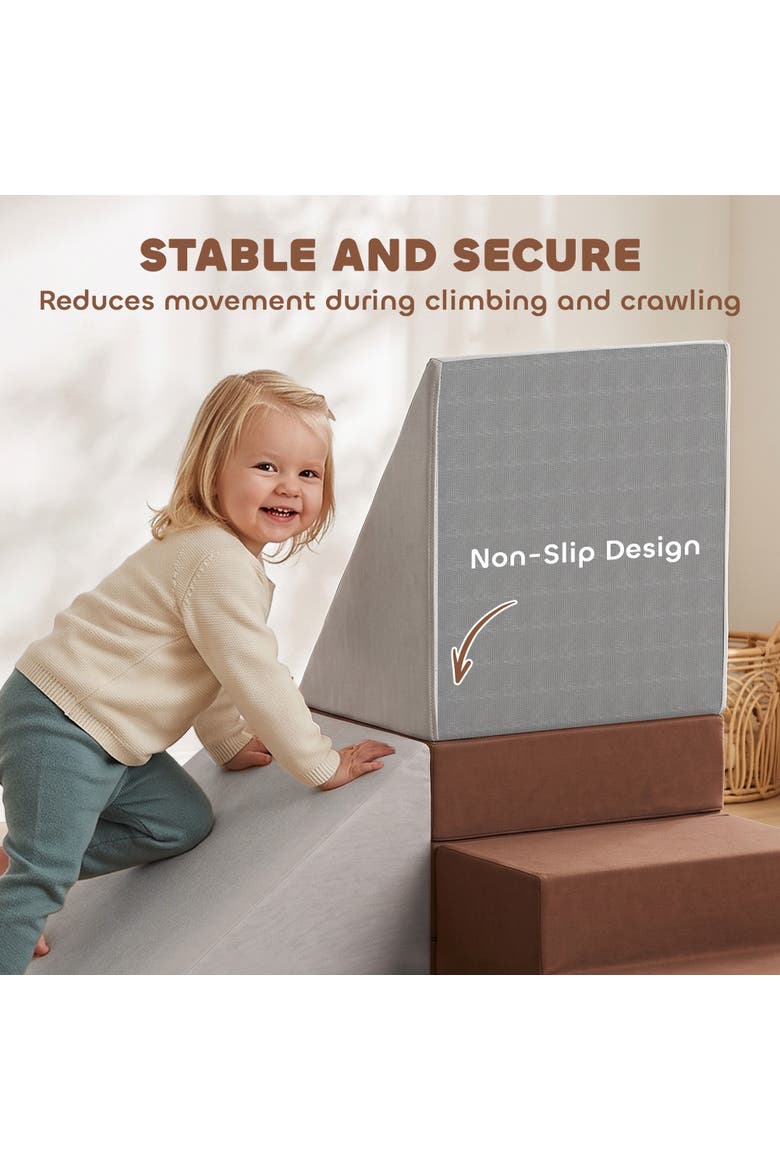 Toddlers Foam Climbing Blocks with Velvet Fabric, 8 Piece Baby Climbing Toys with 28D High-Density Foam, Non-Slip Design Brown, Alternate, color, Brown