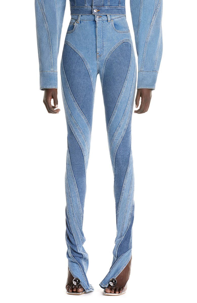 MUGLER Spiral High Waist Denim & Tech Jersey Skinny Jeans, Main, color,