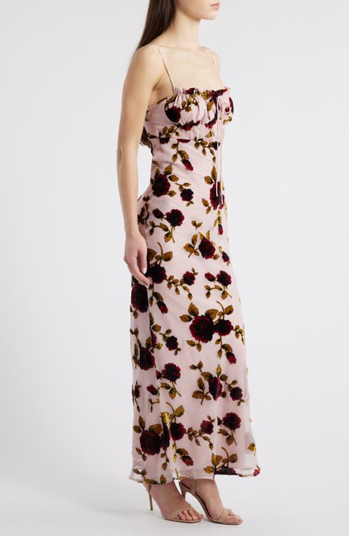 Shop Rare London Ruched Floral Devoré Slipdress In Pink Rose Print Devore