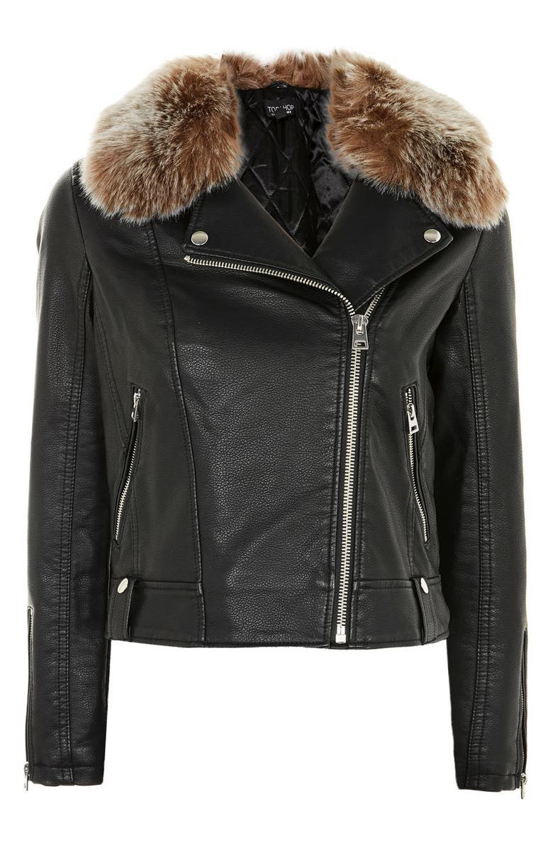 Topshop Rayne Faux Fur Trim Biker Jacket, Alternate, color, 