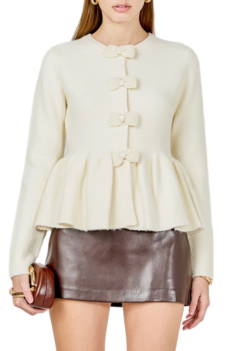 Endless Rose Bow Trim Peplum Cardigan, Main, color, 
