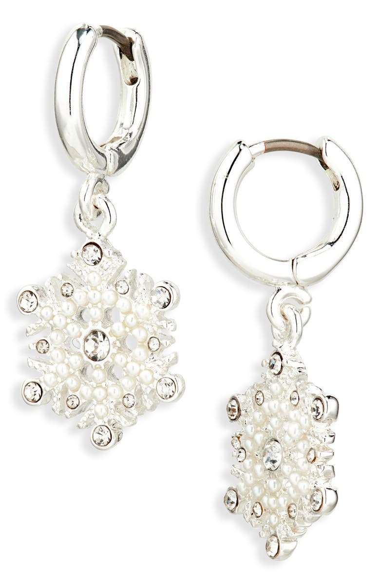 Leith Snowflake Huggie Drop Earrings, Main, color, Clear- White- Silver
