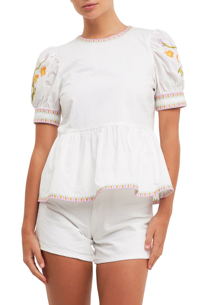 Embroidered Peplum Cotton Top, Main, color, IVORY/ MULTI
