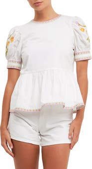 English Factory Embroidered Peplum Cotton Top