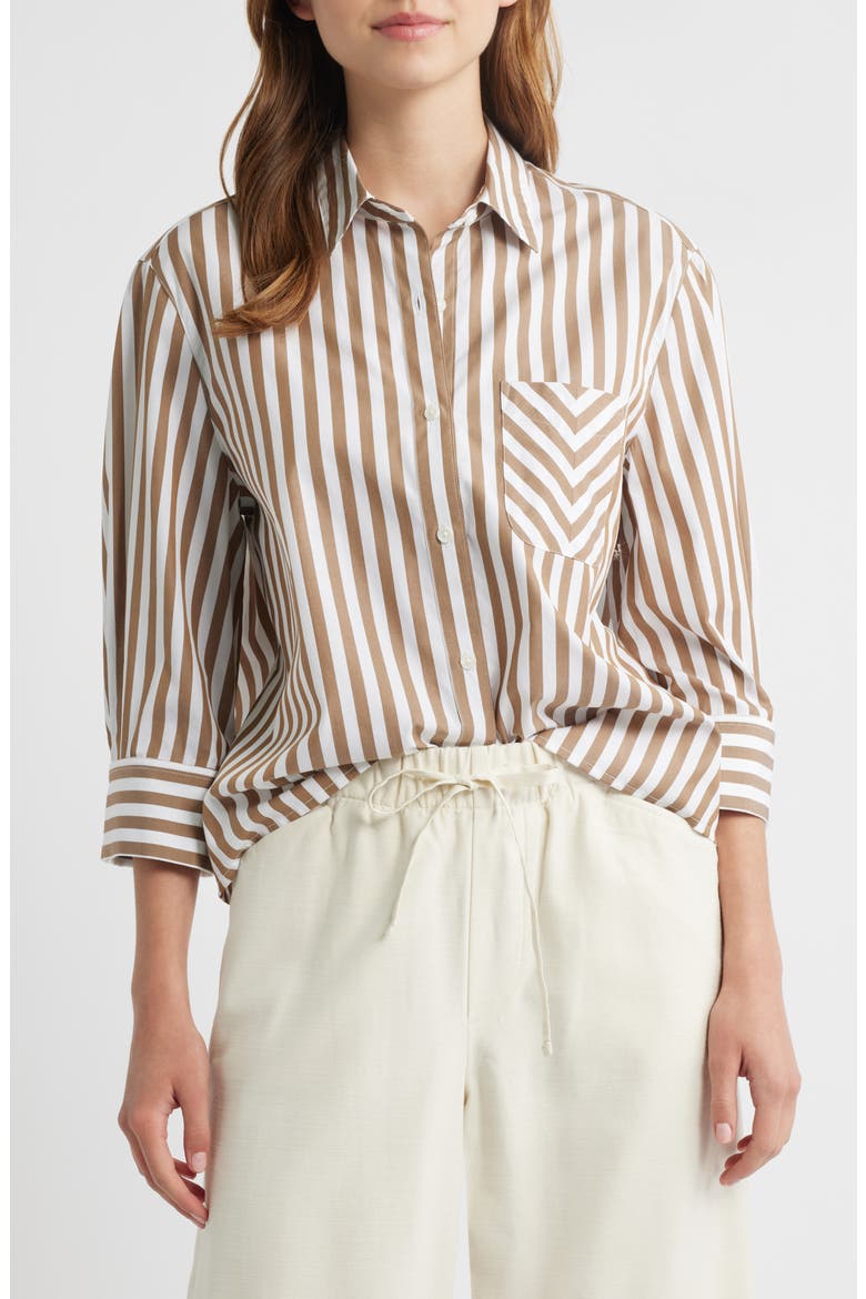 Lucia Stripe Poplin Button-Up Shirt, Main, color, BROWN STRIPE