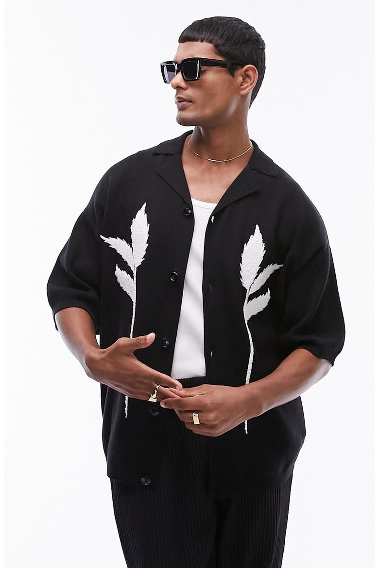 Floral Embroidered Short Sleeve Milano Stitch Camp Shirt, Main, color, BLACK