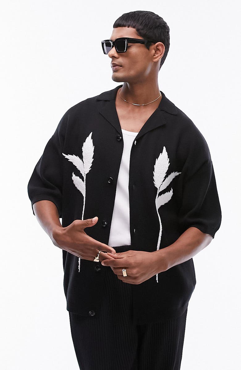 Topman Floral Embroidered Short Sleeve Milano Stitch Camp Shirt, Main, color, 