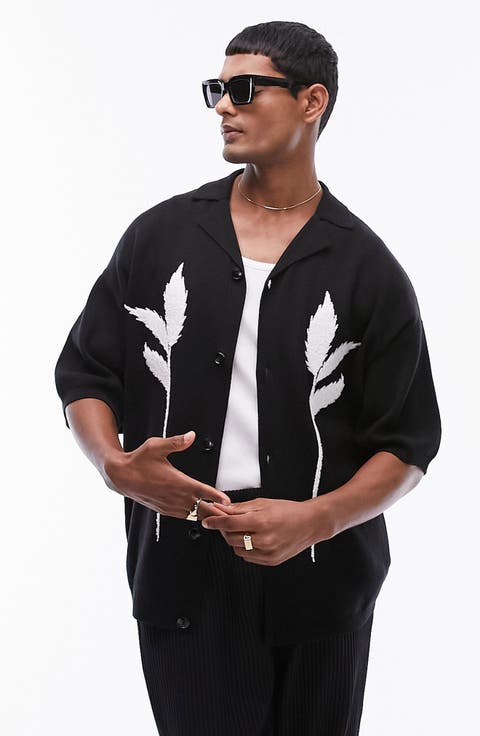 Floral Embroidered Short Sleeve Milano Stitch Camp Shirt