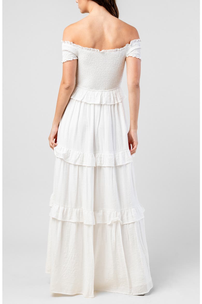 Off the Shoulder Short Sleeve Tiered Maxi Dress, Alternate, color, WHITE