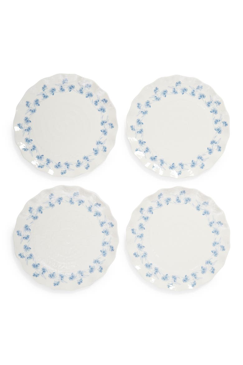 Set of 4 Melamine Dinner Plates, Main, color, WHITE/ BLUE