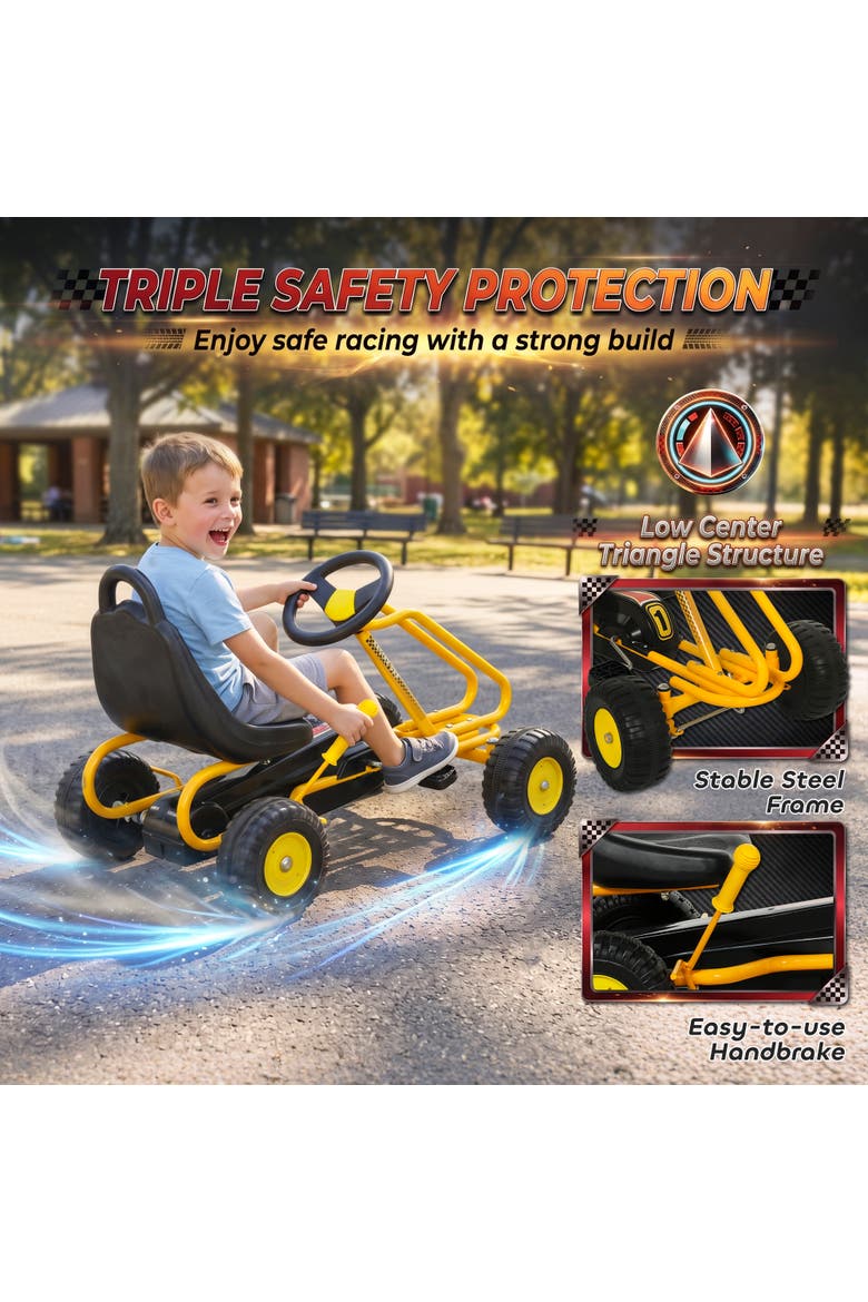Kids 4-Wheel Pedal Go Kart, Adjustable Seat, Hand Brake, Outdoor Racer, Yellow, Alternate, color, Yellow
