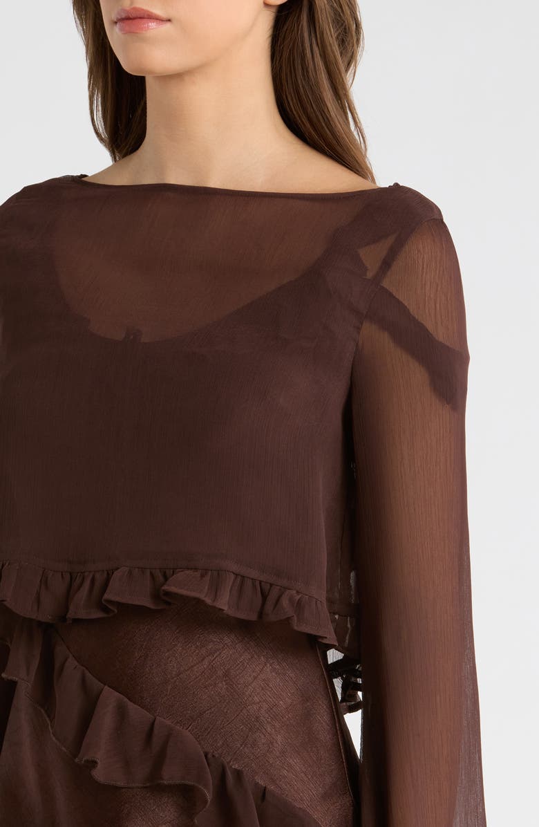 Damson Madder Carmen Ruffle Long Sleeve Satin Midi Dress, Alternate, color, Chocolate