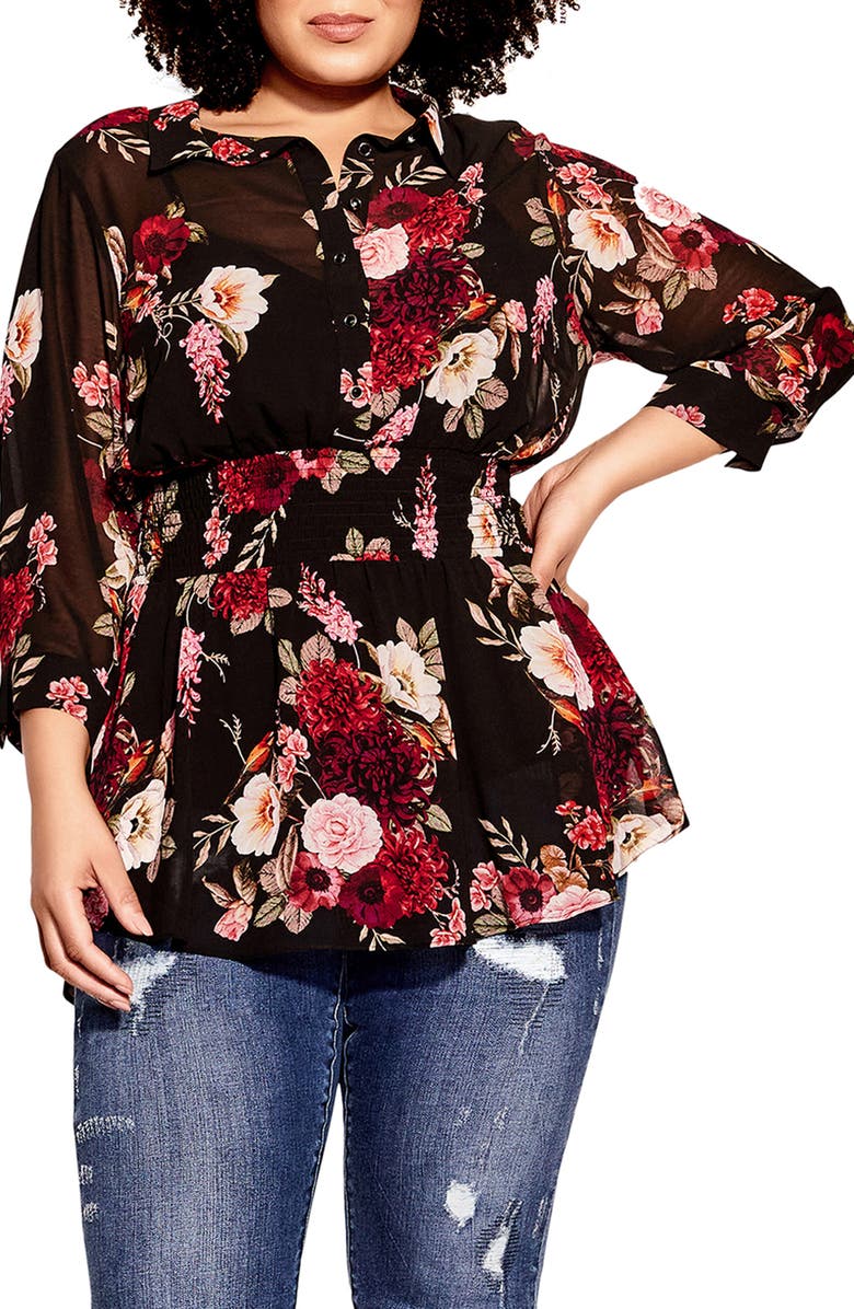 City Chic Floral Paradise Smock Waist Blouse, Alternate, color, 