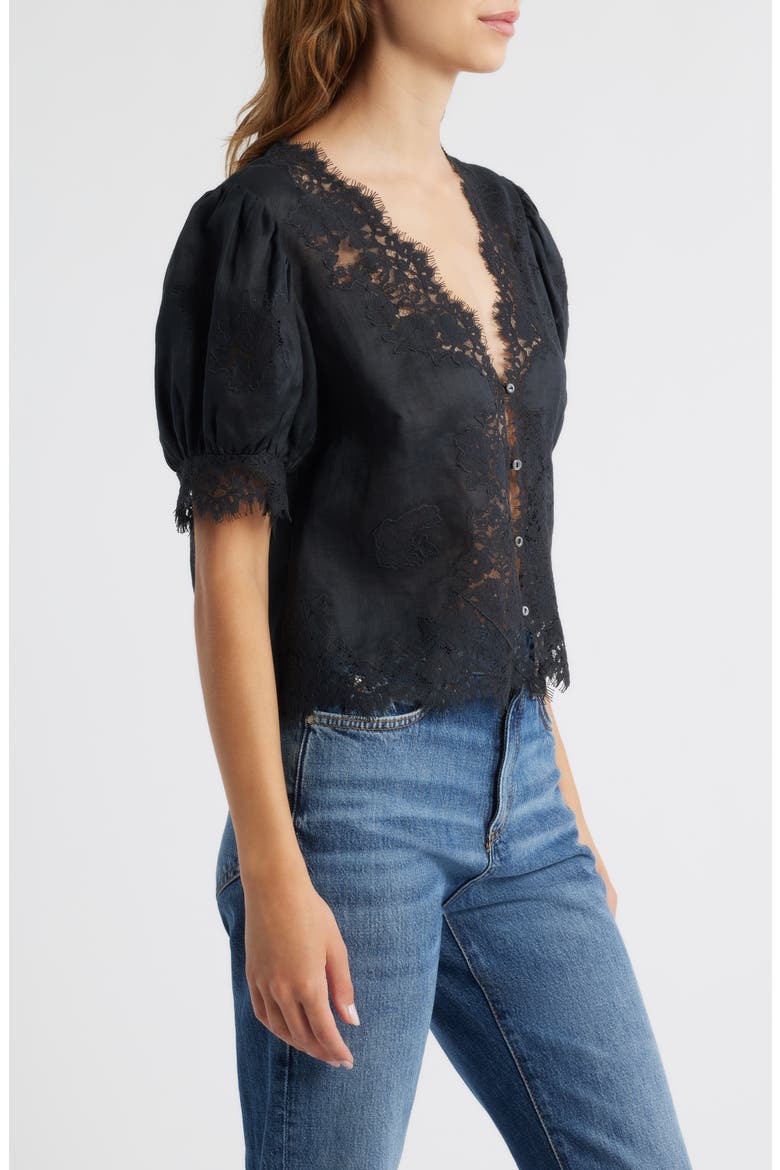 Idella Lace Trim Ramie Top, Alternate, color, BLACK
