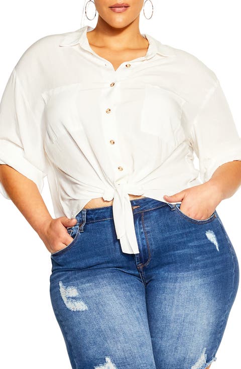 Tropical Tie Hem Button-Up Shirt (Plus)