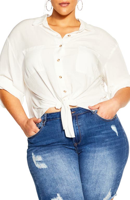 City Chic Tropical Tie Hem Button-up Shirt In White