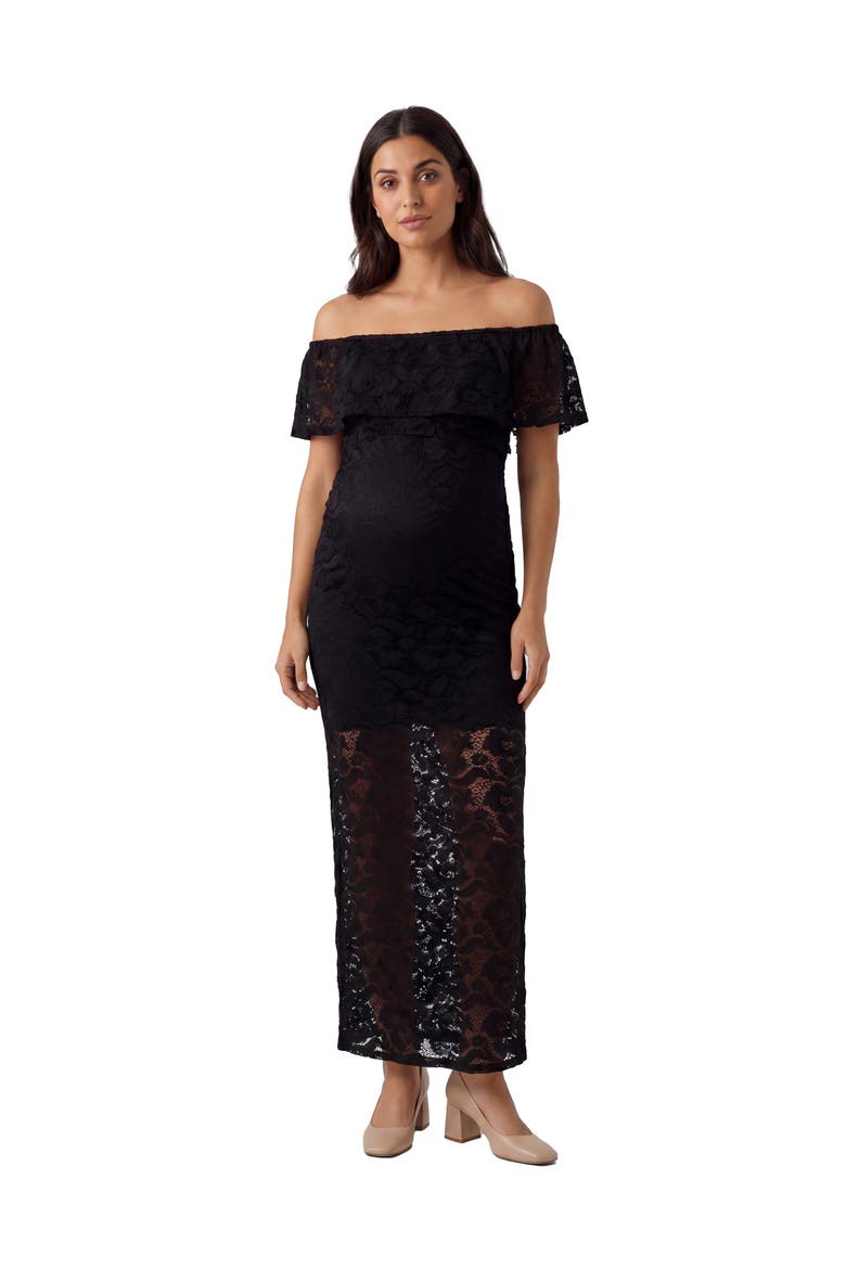 Maternity Elevate Lace Off the Shoulder Side Slit Body-Con Maxi Dress, Main, color, Black