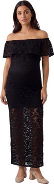 24seven Comfort Apparel Maternity Elevate Lace Off the Shoulder Side Slit Body-Con Maxi Dress